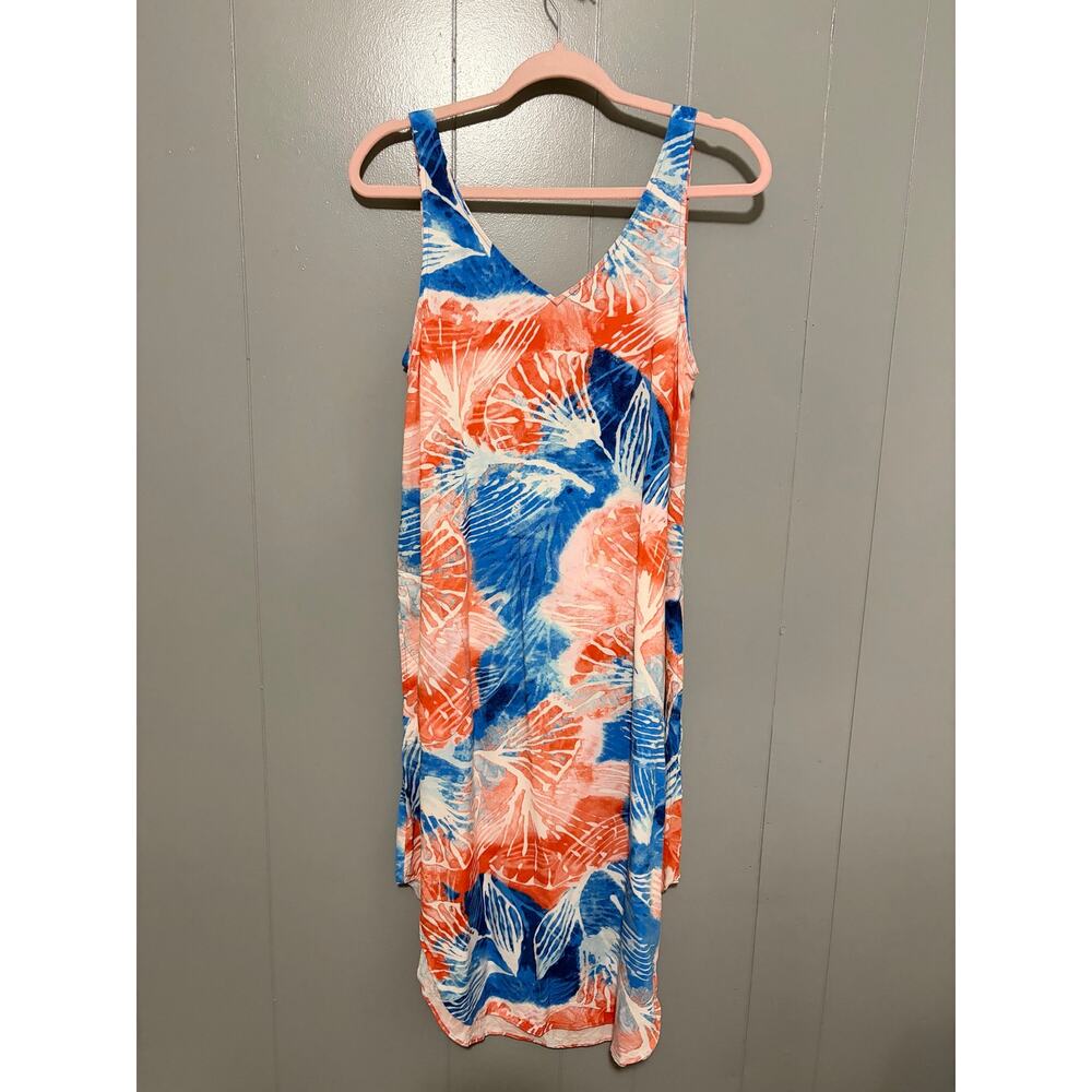 Nic+Zoe Blue Orange Tropical Print Sleeveless Scoop Hem Summer Midi Dress M
